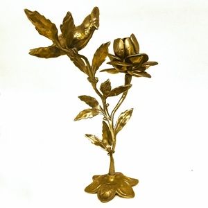 Vintage MCM Brass Candlestick With A Cardinal On a Rose Stem - Incredibly Unique